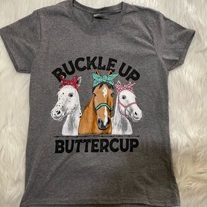 NWOT Gildan Buckle Up Buttercup horse gray t-shirt short sleeve medium